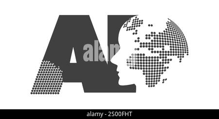 Black and White Machine Learning, Artificial Intelligence, Cloud Computing and Global Networks Design Concept with Dotted Earth Globe Inside a Robot H Stock Vector
