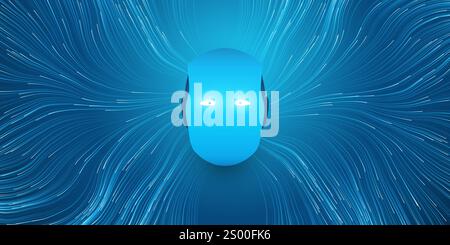 Blue Machine Learning, Artificial Intelligence, Cloud Computing and Neural Networks Design Concept with Robot Head with Glowing Eyes, Geometric Networ Stock Vector