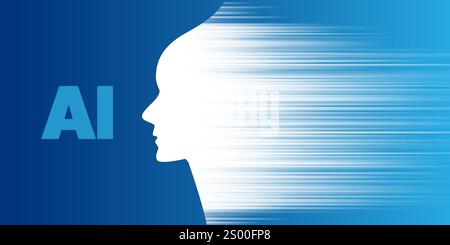 Blue Machine Learning, Artificial Intelligence Design Concept with Robot Face Silhouette - AI Label, Symbol, Bright Motion Blur Representing Fast Pace Stock Vector
