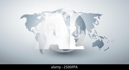 Grey and White Machine Learning, Artificial Intelligence, Cloud Computing and Global Networks Concept with World Map, Globe, Robot Face Profile and Bi Stock Vector