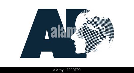 Black and White Machine Learning, Artificial Intelligence, Cloud Computing and Global Networks Design Concept with Dotted Earth Globe Inside a Robot H Stock Vector