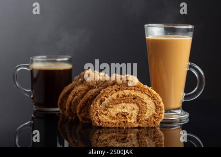 Dessert with walnuts and coffee on a black reflective background. Cake with brown sugar, walnuts, and cream. Copy space. Stock Photo