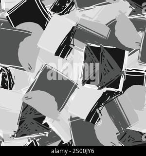 Abstract geometric pattern with squares and sharp angles in grayscale tones, showing artistic design composition. Monochrome grey hand drawn Stock Vector
