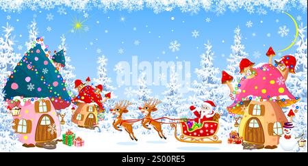 Santa on a sleigh against the background of mushroom houses and winter forest. Garland decorations. Beautiful Christmas trees. Gifts in the snow. Stock Vector