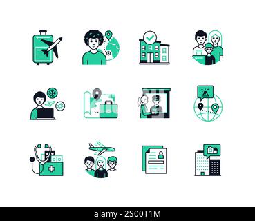 Migration and relocation - line design style icons set Stock Vector