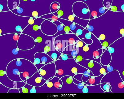 Christmas glowing garland seamless pattern. Multicolor Christmas Lights. Christmas bulb garland. Festive design for posters, banners and advertising p Stock Vector