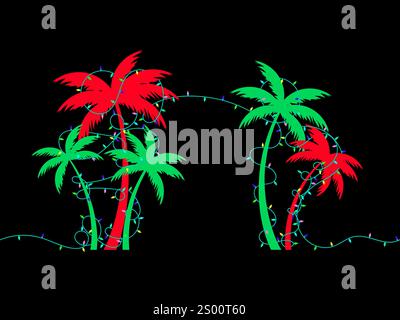 Palm tree silhouettes decorated with Christmas garland with colorful lights. Garlands decoration tropical palm trees on black background. Design for g Stock Vector
