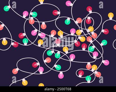 Christmas glowing garland seamless pattern. Multicolor Christmas Lights. Christmas bulb garland. Festive design for posters, banners and advertising p Stock Vector