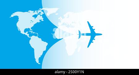 An Airplane Silhouette Opens Up the Translucent Cover Background Over the Map of the World. Banner for Trip to Abroad or Vacations, Discovering Travel Stock Vector