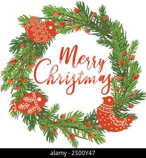 Hand drawn cristmas circle frame or wreath. Vector illustration Stock Vector