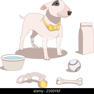 Hand drawn bull terrier dog with pet supplies Stock Vector