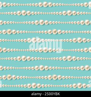 Realistic pearls over turquoise background. Vector seamless pattern Stock Vector