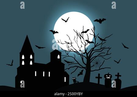 Halloween silhouettes of a spooky castle and a tree with bats, gravestones, spiderwebs, spiders and full moon. Stock Vector