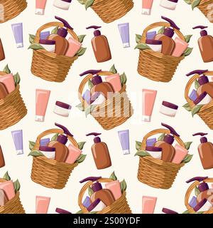 Basket full of makeup, wellness and spa still life concept, seamless pattern Stock Vector