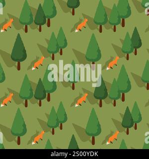 Vector isometric seamless pattern of a fox in a forest Stock Vector