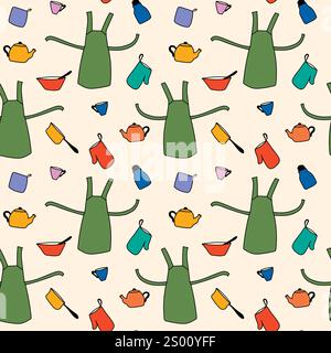 Hand drawn seamless pattern of colorful kitchenware set Stock Vector