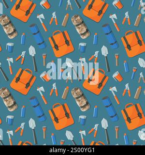 Seamless flat lay of tourist items: backpack, axe, torch, sleeping bag, tools etc Stock Vector