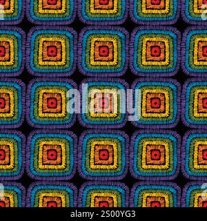 Seamless geometrical square vector pattern, satin stitch embroidery Stock Vector