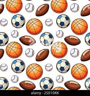 Vector hand drawn different sports balls, seamless pattern Stock Vector
