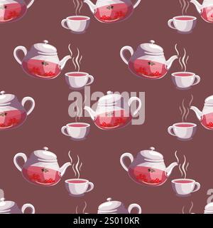 Vector seamless pattern of a cup and a glass teapot with fruit tea Stock Vector