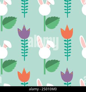 Hand drawn seamless colorful vector floral pattern with easter bunnies Stock Vector