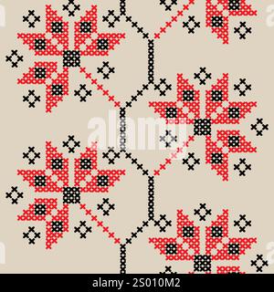 Black and red cross stitch embroidery design, vector illustration. Stock Vector