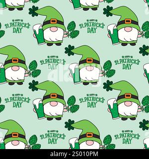 Hand drawn vector gnome with green beer and hop plant with st patrick's day greeting, seamless pattern Stock Vector