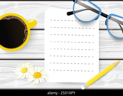 Hand drawn flat lay mockup of blank sheet of paper, eyeglasses, and a cup of coffee on white wooden table Stock Vector