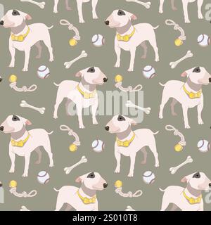 Hand drawn bull terrier dog with pet supplies, seamless pattern Stock Vector
