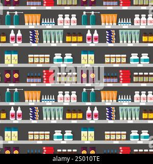 Pharmacy shelves with medicine bottles, sprays and pills.Vector seamless pattern Stock Vector