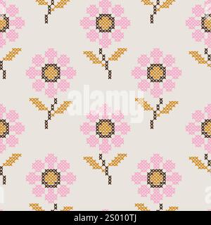 Flower cross stitch embroidery design, vector seamless pattern Stock Vector