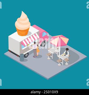 Isometric Ice cream Cafe Food Truck Delivery Master. Street Food Stock Vector