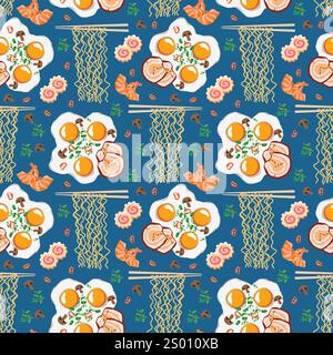 Flat lay vector seamless pattern of asian food or ramen ingredients variety Stock Vector