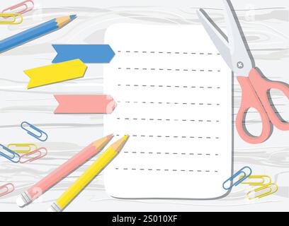 Hand drawn flat lay mockup of blank sheet of paper with stationery on white wooden desk Stock Vector