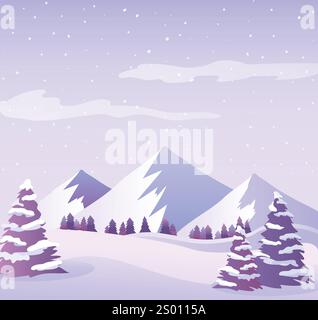 Sunset snowy mountains, vector winter landscape Stock Vector