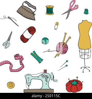 Set of vector hand drawn tailor or sewing vintage items Stock Vector