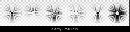 Circle wave. Frequency radar. Radio sound pulse. Concentric circular audio ripple. PNG signal effect. Graphic pattern. Sonic rings. Geometric symbols. Stock Vector
