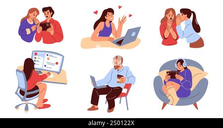 People communicate. Social business icon design, internet chat or blog community. Online mobile app concept. Men and women with smartphone, laptop and Stock Vector
