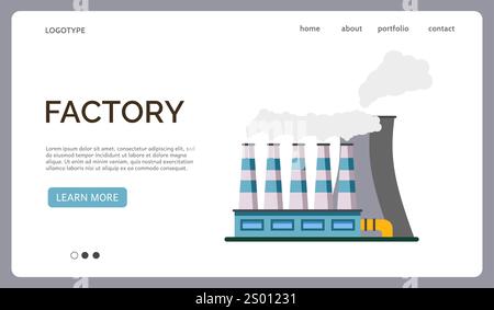 Factory industry landing page. Power station. Electricity generation. Website design template. Energy production. Smoke chimneys. Industrial pollution Stock Vector