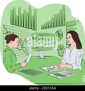 Conducting stakeholder interviews to identify and understand problems in the decision-making process. Outline vector illustration. Stock Vector