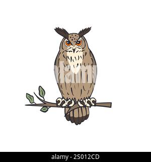 Hand drawn line art eagle-owl sitting on tree branch Stock Vector