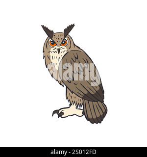 Hand drawn line art eagle-owl standing isolated on white Stock Vector