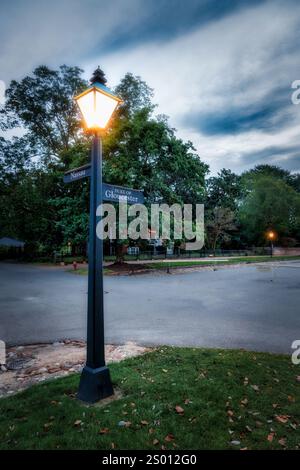 A street lamp on the corner of Duke of Gloucester and Nassau streets in the colonial historic district at Williamsburg, Virginia. Stock Photo