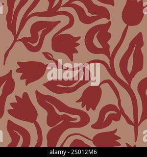Brush strokes inky flowers brown seamless pattern Stock Vector