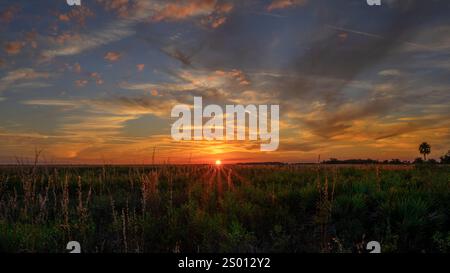 Against a dramatic sky, the setting sun illuminates a vast, nearly treeless landscape, backlighting the grasses. Kissimmee Prairie Preserve, Florida. Stock Photo