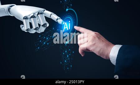Human and robotic fingers connecting, emphasizing AI technology interaction. Suitable for innovation and digital transformation Stock Photo