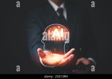 Businessman presenting a glowing AI brain hologram, symbolizing the integration of artificial intelligence and business innovation. Ideal for technolo Stock Photo