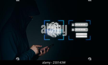 Hacker using a smartphone to attempt bypassing biometric fingerprint authentication and passwords. Represents online identity theft and cybersecurity Stock Photo