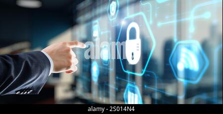 Lock Cyber Security on Virtual Screen Data Protection Technology Privacy concept Stock Photo