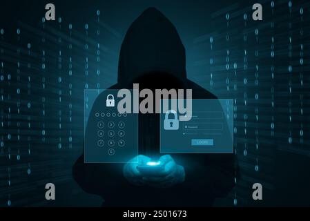 Anonymous person in hoodie using phone, representing cybersecurity threats or hacking attempts. Great for security, IT, and data protection visuals. Stock Photo